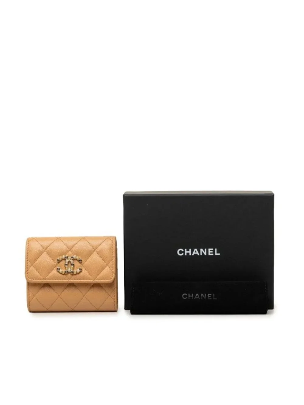 Chanel CC Logo Compact Wallet Trifold Beige Brown Canvas